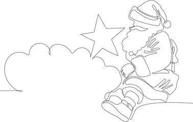 Obraz premium Outlined Cute Santa Claus Cartoon Character With A Sack Full Of Gifts. Vector Hand Drawn Illustration. One continuous line drawing Santa Claus on reindeer and sled. concept for Christmas and New Year
