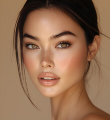 beautiful woman with brown eyes and eyebrows, a smooth skin tone, and full lips in the center of her face against a white background. 