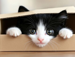 Adorable Black and White Kitten Hiding in a Box