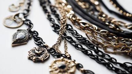 close up of layered necklace with multiple chains and charms
