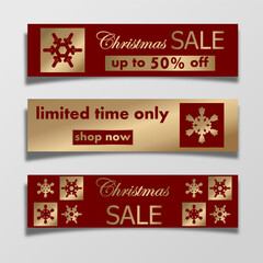 Naklejka premium christmas sale, set of templates discount banner design with snowflakes and text. elegant vector illustration to promote purchases in the winter season in red with gold for flyer, poster, header