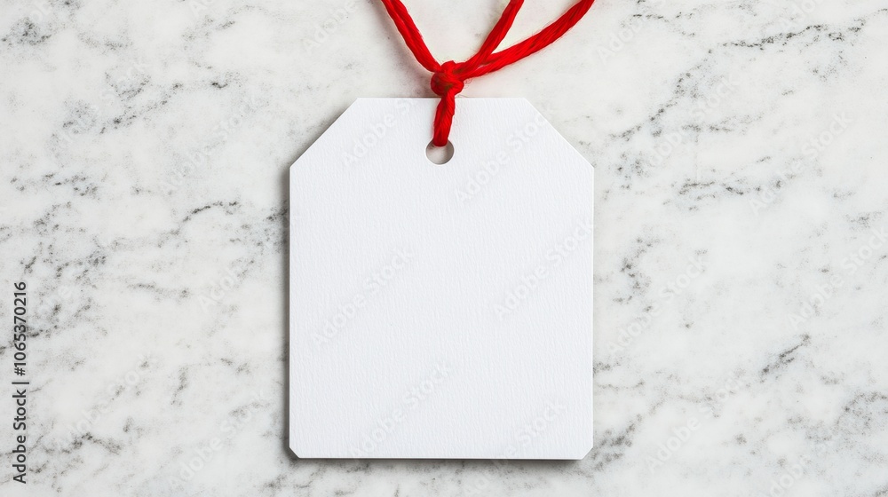 Poster a blank gift tag with a red string, placed on a light marble surface, ready for personalization or l