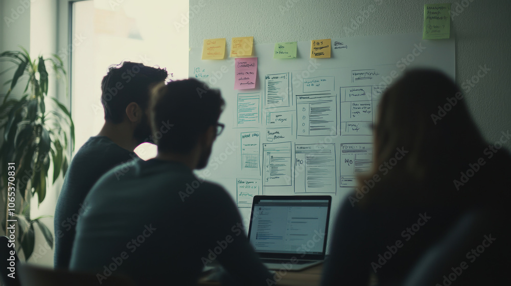 Poster team of developers collaborating in meeting room, analyzing project notes and wireframes on wall. at