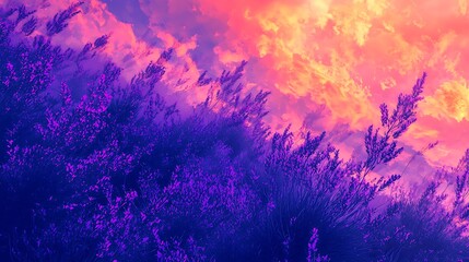 Purple Flowers and Pink Sky Abstract Background.