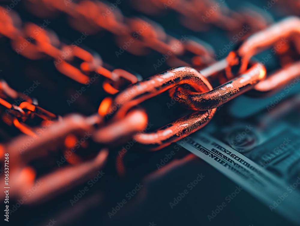 Poster a close-up image showcasing a metallic chain intertwined with a dark surface, highlighting texture a