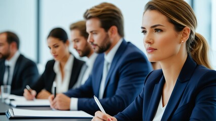 Fototapeta premium Focused business professionals in meeting analyzing strategies for corporate success