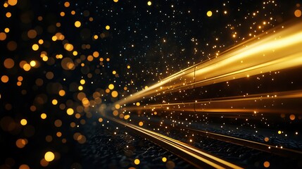 Fototapeta premium A dynamic, abstract image showcasing glowing golden lights and particles, reminiscent of fast-moving train tracks in a dark environment.