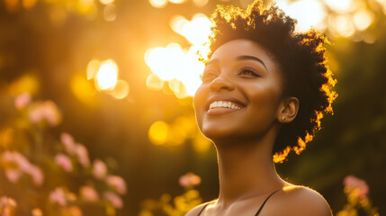 Fototapeta premium A Young Woman Enjoying a Sunny Afternoon Surrounded by Blooming Flowers in a Joyful Moment