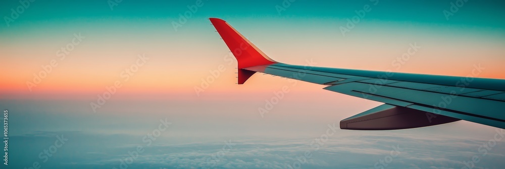 Poster airplane wing soaring through a vibrant sunset sky, offering a mesmerizing view of the clouds below 