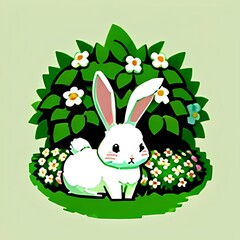  The image shows a white rabbit sitting on a bed of flowers, surrounded by green foliage.