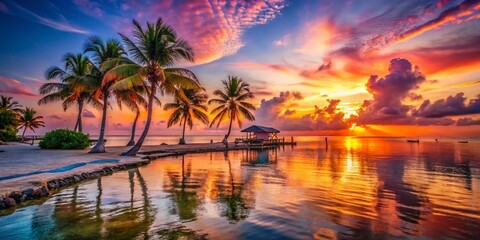 Dawn at Caye Caulker Island: A Serene Tropical Paradise with Vibrant Skies, Crystal Clear Waters, and Lush Palm Trees Enhancing the Tranquility of Caribbean Sunrises