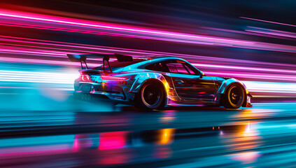 Fototapeta premium A racing car zooms through neon-lit streets, leaving a vibrant motion blur