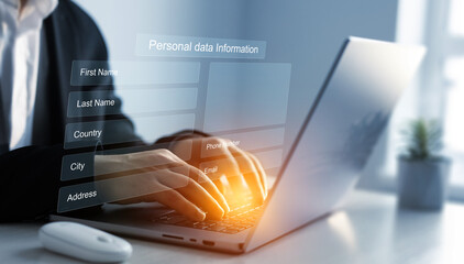 Digital online employee form. Human resource concept.Businessman filling out a form with personal...