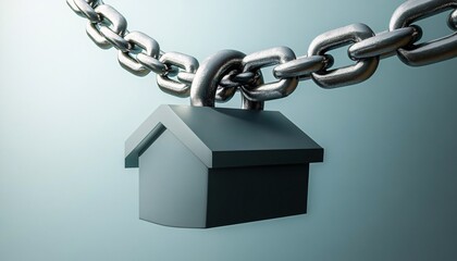 Modern 3D house icon connected to a chain symbolizing burden and stability in the property business.