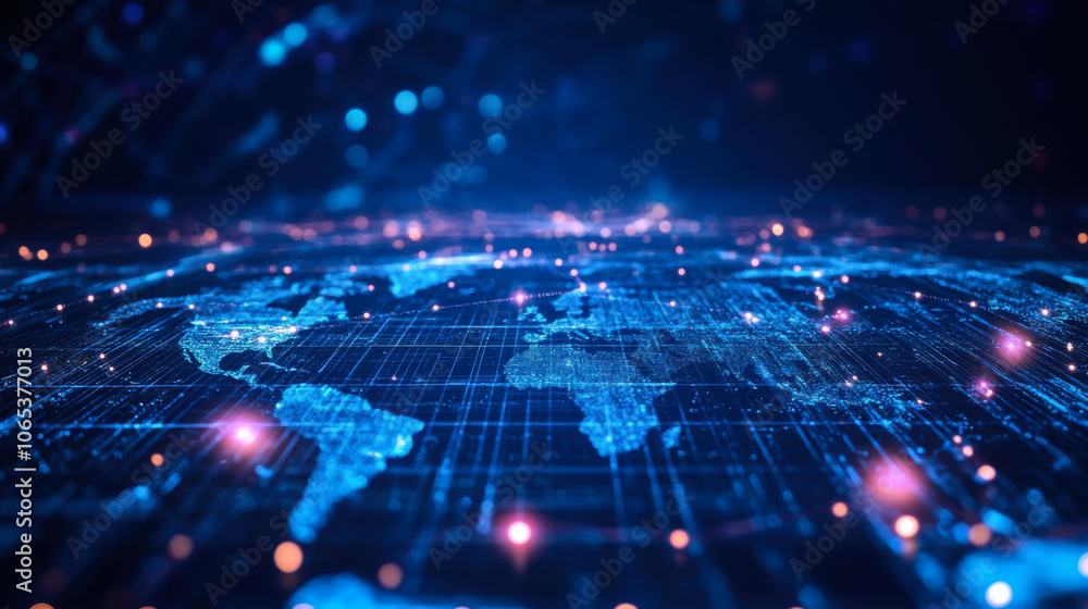 Poster a vibrant digital representation of earth with intricate data lines and glowing points, illustrating