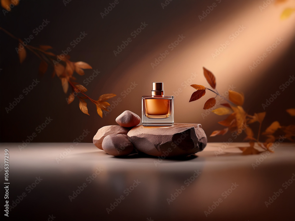 Aufkleber a glass bottle of perfume sits on a rock with a few autumn leaves. the bottle is brown and the backg