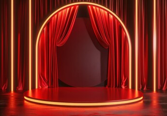 Vibrant red velvet curtains frame a lively stage with bright lights