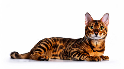 Obraz premium Ocicat cat lying on white background.