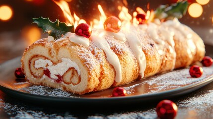 Frosted Yule Log with Holly and Red Berries, Cozy Christmas Dessert Recipe, Festive Baking Ideas...