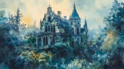 Fototapeta premium Watercolor Painting of an Old Stone Mansion Surrounded by Trees