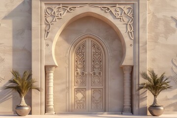 Obraz premium 3D render of ornate Arabic wall featuring carved door and arches