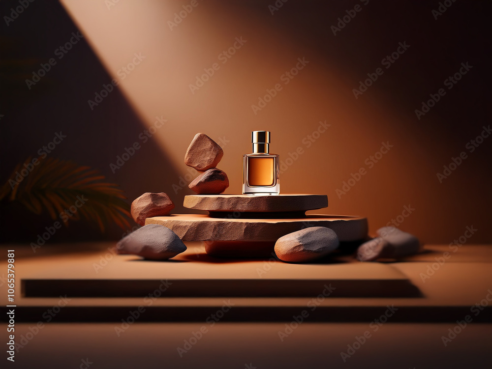Poster a single bottle of amber-colored perfume sits on a tiered stone platform, surrounded by rocks and a 