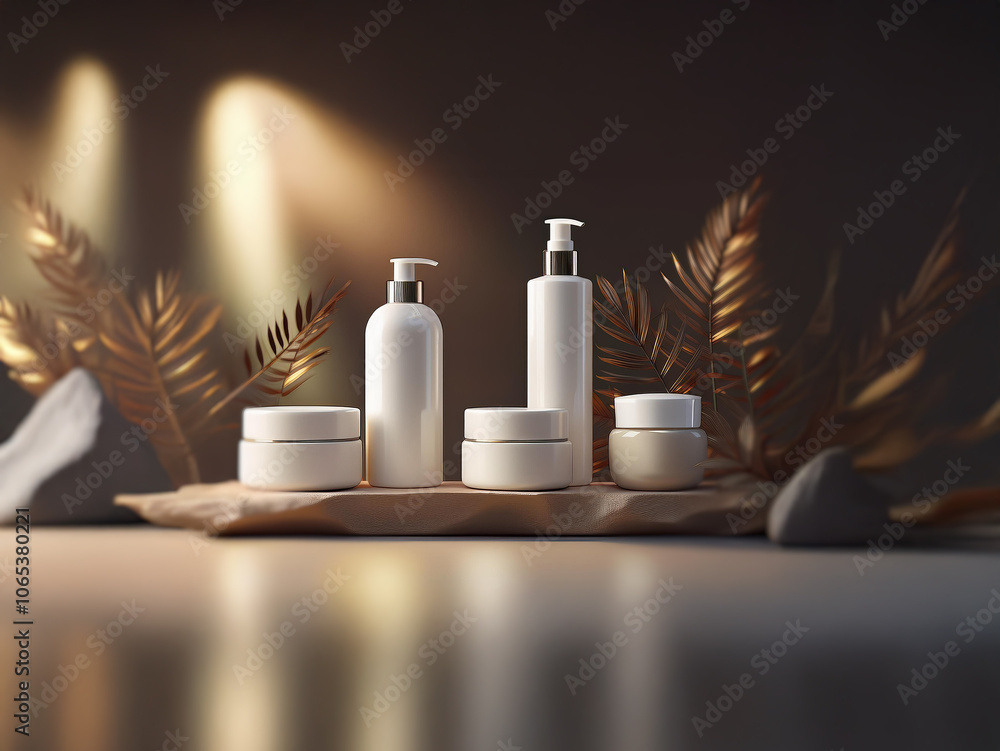 Poster a minimalist product display features a collection of white bottles and jars on a light brown platfo