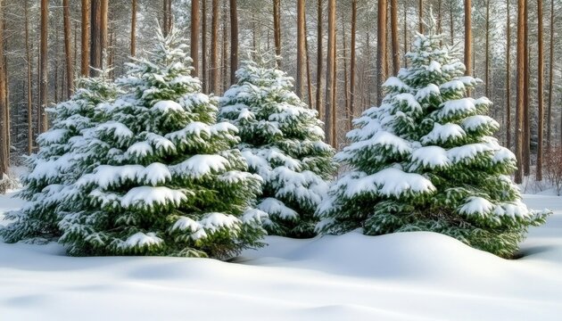 Serene Winter Forest Scene with Majestic Evergreen Trees Dusted in Snow, Tranquil Nature Photography