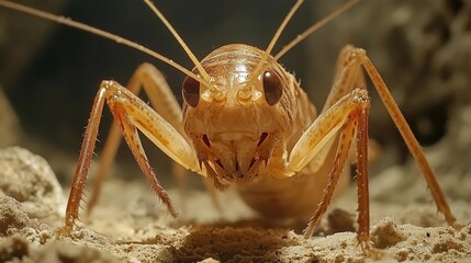 Naklejka premium Close-up of a brown cricket with large eyes and long antennae.