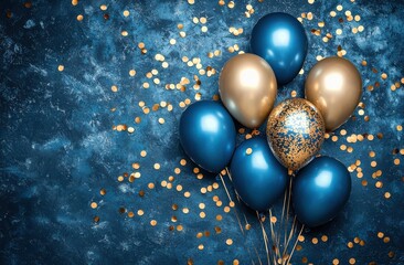 Elegant celebration with blue and gold balloons on a textured background with confetti accents