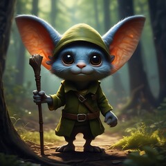  This is an image of a cute cartoon fox character wearing a green hat and a brown jacket, standing in a forest.