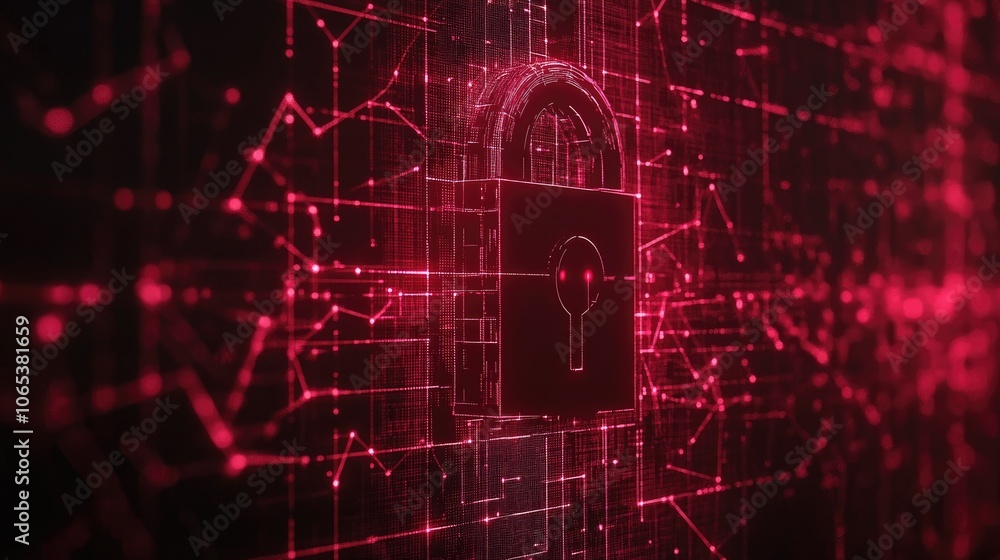 Poster 3D lock with matrix code and lines connecting through network, abstract data protection background