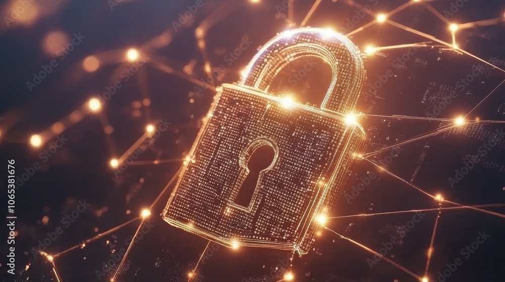 Poster 3D lock with matrix code and lines connecting through network, abstract data protection background