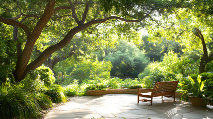 Obraz premium serene outdoor space with lush greenery and wooden bench