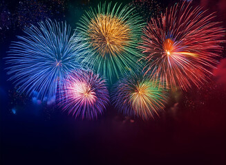 New Year in a nighttime party atmosphere with Colorful fireworks on night sky background
