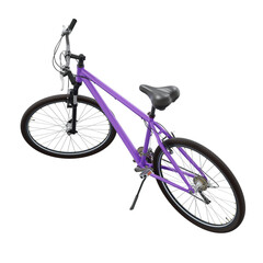 Naklejka premium Purple bicycle standing while leaning on kickstand, side back view. Bike resting on kick stand. Png clipart isolated on transparent background