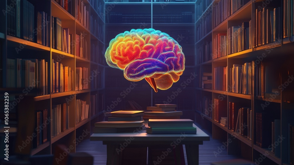 Poster a colorful brain representation above rows of neatly arranged books in a dimly lit room, evoking cur