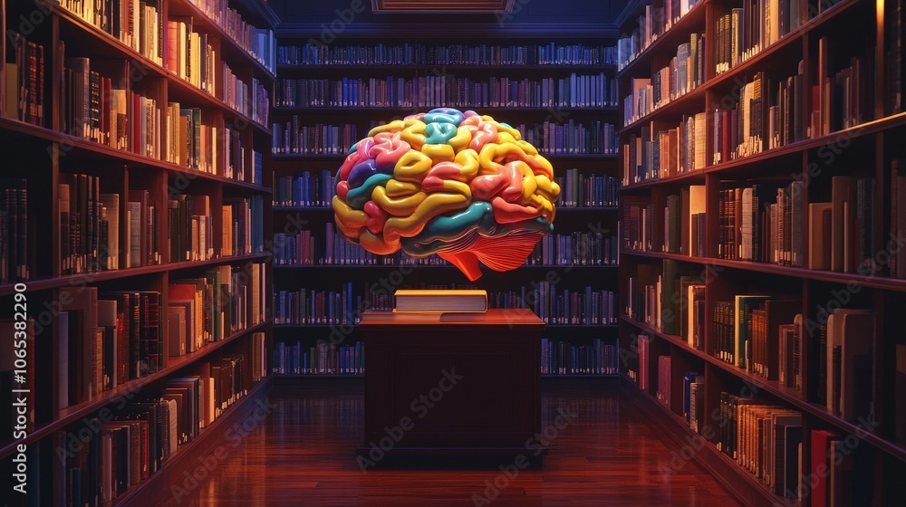 Poster a colorful brain representation above rows of neatly arranged books in a dimly lit room, evoking cur