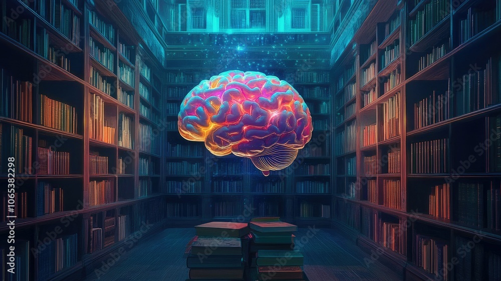 Poster a colorful brain representation above rows of neatly arranged books in a dimly lit room, evoking cur