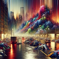 Conceptual image of a city suffocated by clothes. Fast fashion.