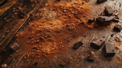Cocoa powder sprinkled across a wooden surface with chocolate chunks nearby, creating a warm and inviting atmosphere.
