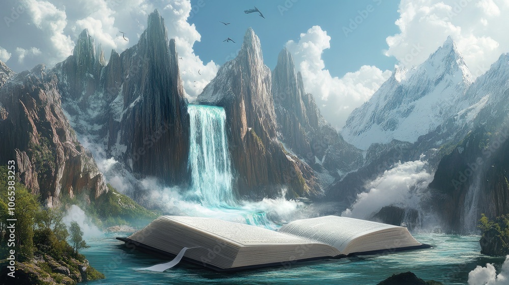 Poster a landscape of mountains and waterfalls emerges from the pages of an open book, creating a fantasy s
