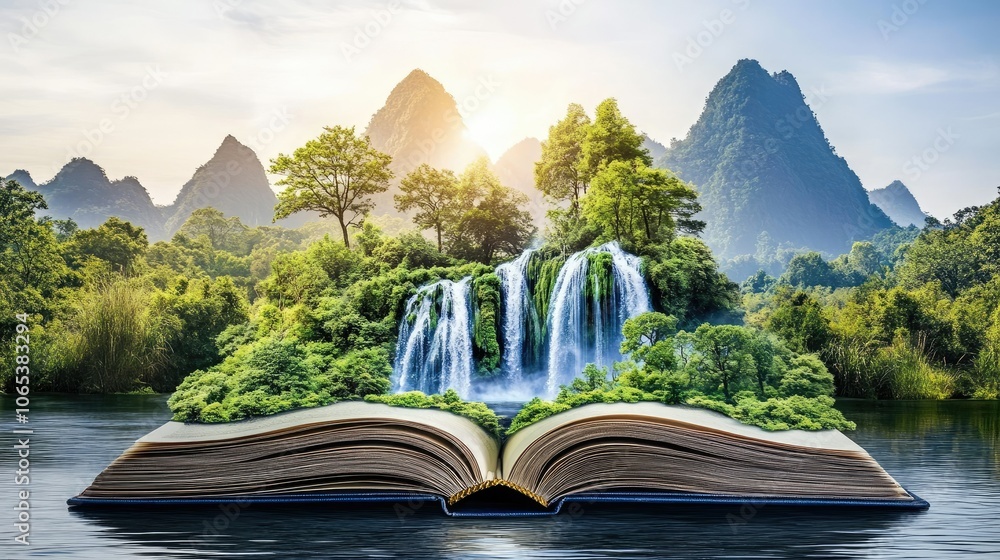 Poster a landscape of mountains and waterfalls emerges from the pages of an open book, creating a fantasy s