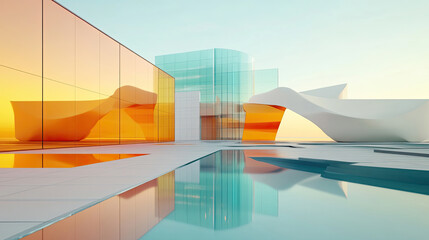 Fototapeta premium Futuristisches Architekturdesign aus 2D Elementen und 3D Elementen, mit schwebenden geometrischen Formen und dynamischer Beleuchtung