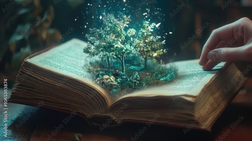 Poster A magical open book with a small forest scene coming to life from its pages, creating a dreamlike effect