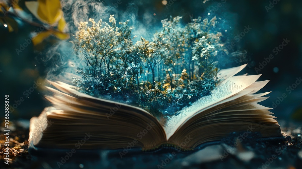 Poster A magical open book with a small forest scene coming to life from its pages, creating a dreamlike effect