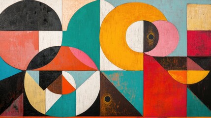 Fototapeta premium A playful mix of geometric shapes in bright colors, forming an abstract, eye-catching composition