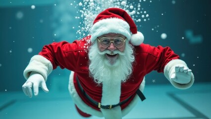 Santa Claus with glasses and a white beard swims in a pool underwater