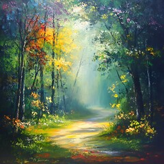 Obraz premium Serene Forest Path Illustrated with Nature's Beauty Surrounding It