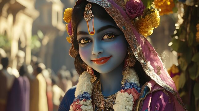 A serene portrayal of Lord Krishna as Nandlala, with a playful smile and vibrant attire